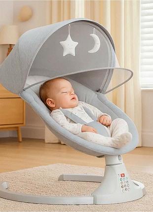 Электронная колыбель-шезлонг до 10 кг 5 скоростей с москитной сеткой и пультом серый