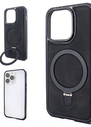 Чехол для iphone 15 pro max с magsafe подставкой мягкий кожаный защитный чехол с металлическими бамперами