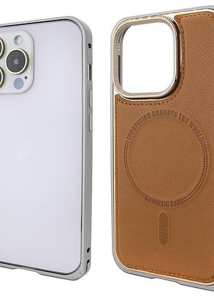 Чохол для iphone 14 pro max шкіряний з магнітом для захисту та стилю з металевими бамперами коричневий