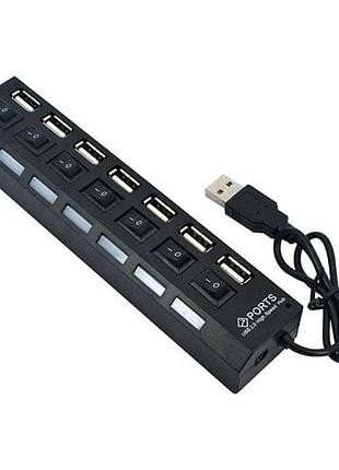 Usb hub 7 портов с кнопками включения для подключения устройств к компьютеру с подсветкой голубого цвета