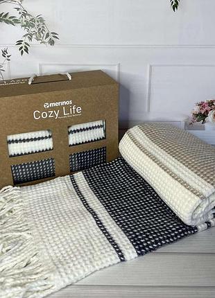 Плед бавовняний з бахромою cozy life полуторний розмір 130 на 170 см рогожка