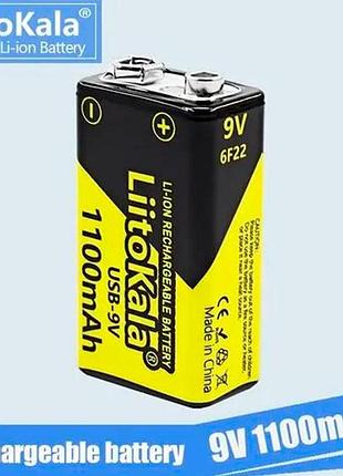 Аккумулятор liitokala крона usb-9v 1100 mah 6f22 li-ion с usb зарядкой type-c