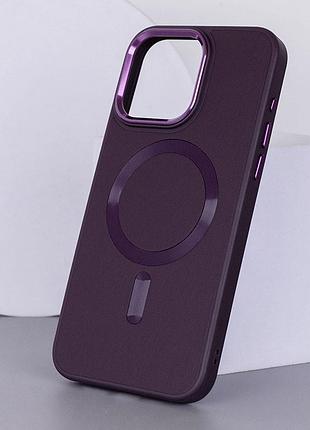 Кожаный чехол bonbon leather metal style with magsafe для apple iphone 14 (6.1") фиолетовый / dark purple