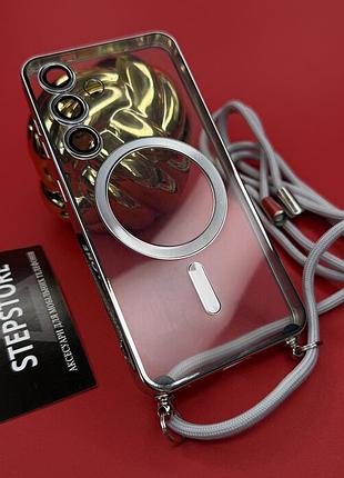 Чохол для samsung s24 з magsafe зі шнурком лінзами на камеру прозорий протиударний хромований обідок срібло