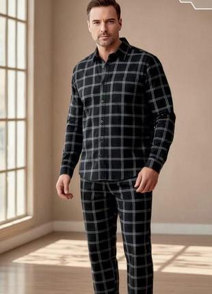 Черная клетчатая мужская пижама рубашка и брюки m-xl туречня