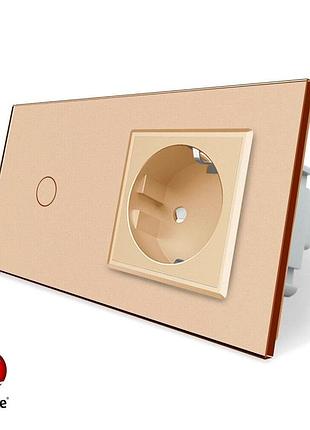 Умный сенсорный проходной выключатель 1 сенсор 1 розетка livolo золотое стекло zigbee