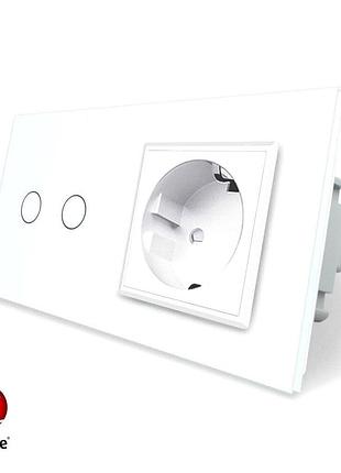 Умный сенсорный проходной выключатель 2 сенсора 1 розетка livolo белое стекло zigbee