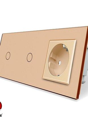Умный сенсорный проходной выключатель 2 сенсора 1 розетка livolo золотое стекло zigbee