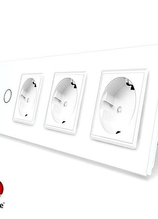 Умный сенсорный выключатель zigbee 2 сенсора 3 розетки 1000 вт белое стекло livolo