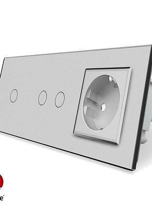 Умный zigbee сенсорный выключатель 3 сенсора 1 розетка 1000 вт серый стекло livolo