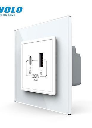 Розетка usb-a usb-c 36 вт белое стекло power delivery для зарядки устройств livolo