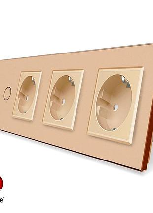 Умный сенсорный zigbee выключатель 2 сенсора 3 розетки 1000 вт золотой закаленное стекло livolo