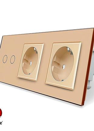 Умный zigbee сенсорный выключатель 2 сенсора 2 розетки 1000 вт золото стекло livolo