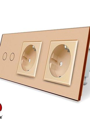 Умный сенсорный проходной выключатель 2 сенсора 2 розетки livolo золотое стекло zigbee