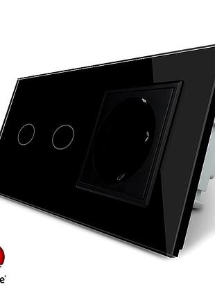Умный сенсорный zigbee выключатель 2 сенсора 1 розетка 1000 вт черное стекло livolo