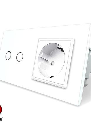 Умный сенсорный zigbee выключатель 2 сенсора 1 розетка 1000 вт белое стекло livolo
