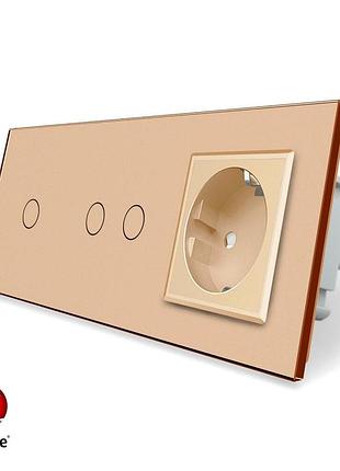 Умный сенсорный выключатель zigbee 3 сенсора 1 розетка 1000 вт золото стекло livolo