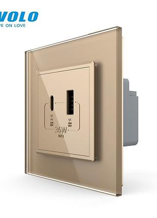 Розетка usb-a usb-c 36 вт с power delivery золотое стекло для зарядки устройств livolo