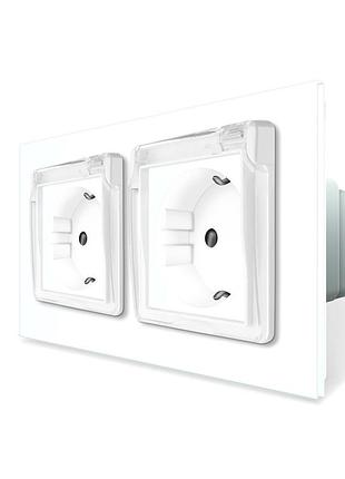 Двойная электрическая розетка влагозащитная ip44 с заземлением 250в 16а белая стеклянная рамка livolo