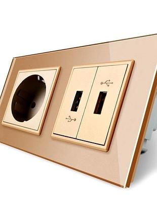 Розетка с заземлением 16а 220в 2 usb 2.1а золотое стекло livolo