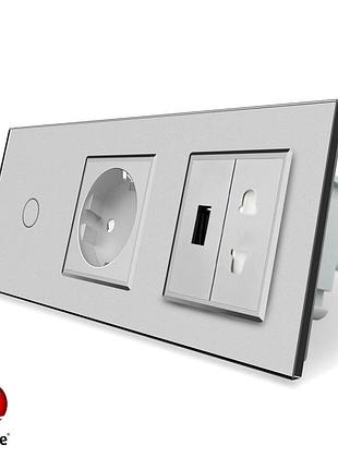 Умный сенсорный проходной выключатель 1 сенсор 1 розетка 1 usb серый стекло livolo