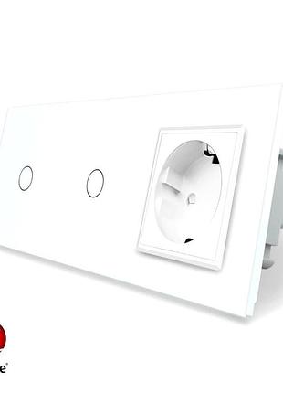 Умный сенсорный проходной выключатель 2 сенсора 1 розетка белое стекло livolo