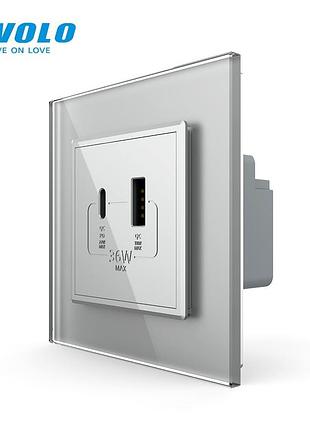 Розетка usb-a usb-c 36 вт с power delivery серое стекло livolo для зарядки устройств