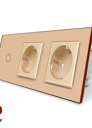 Умный сенсорный выключатель zigbee 1 сенсор 2 розетки 1000 вт золото стекло livolo