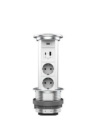 Выдвижная розетка 2 розетки usb-a usb type-c 2.1а 5в 3а 110-250в серебряный алюминий livolo
