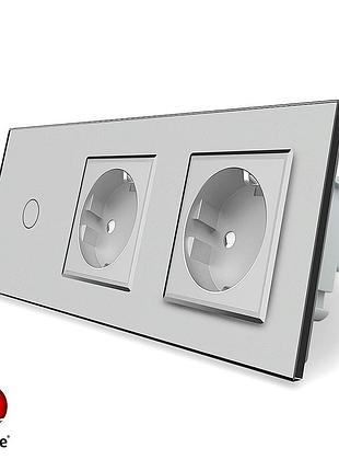 Умный сенсорный zigbee выключатель 1 сенсор 2 розетки серый стекло livolo 1000 вт