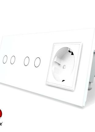 Умный сенсорный zigbee выключатель 4 сенсора 1 розетка 1000 вт белое стекло livolo