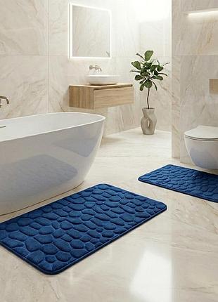 Набір килимків у ванну memory foam stone 2 шт 80×50см та 60×40см, антиковзкі, вологопоглинаючи, синій