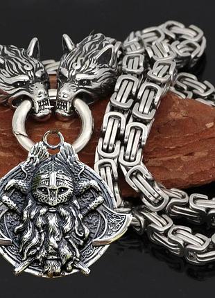 Ожерелье одина большой кулон с волками (сталь)