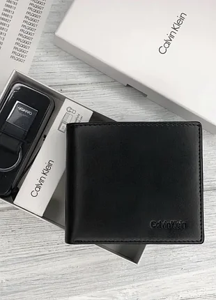 Мужской кошелек calvin klein черный с монетницей и брелоком