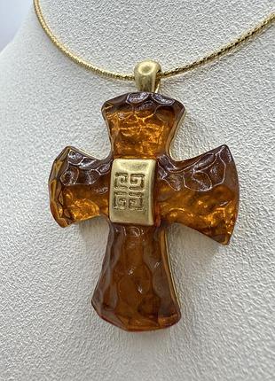 Вінтажна підвіска з кулоном хрестик кольє позолота 18k бурштин