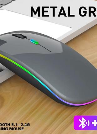 Беспроводная мышка с rgb-подсветкой, встроенным аккумулятором,bluetooth 5.2 и usb адаптером, тихий ход кнопок (белая) серый