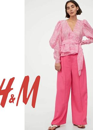 Стильна рожева блуза на запах h&m з абстрактним візерунком та пишними рукавами розмір xs-s