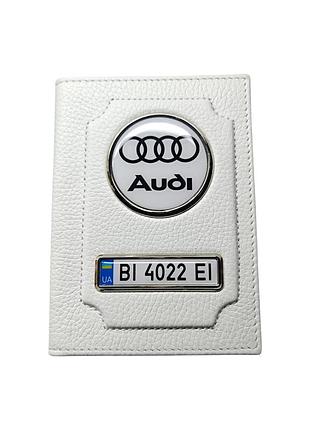 Обложка для автодокументов audi, натуральная кожа белая