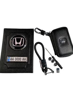 Комплект honda, обложка из натуральной кожи, ключница, брелок, колпачки