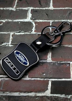 Брелок с логотипом авто ford, карабин и кольцо, металический со вставками натуральной кожи