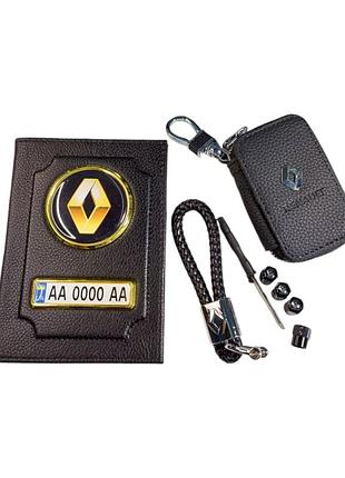Комплект renault, обложка из натуральной кожи, ключница, брелок, колпачки