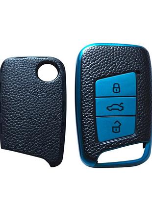 Чехол для ключа volkswagen passa 6+, cc синий под кожу