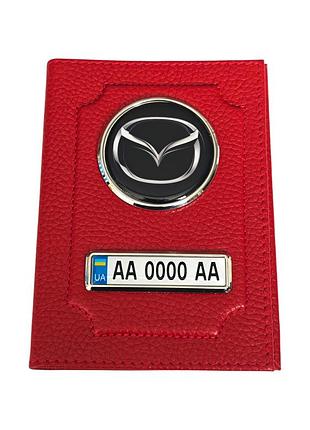 Обложка для автодокументов mazda с номером авто, натуральная кожа красная