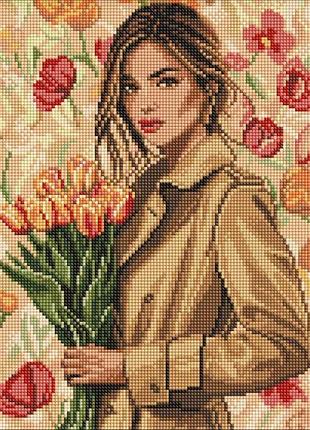 Алмазна мозаїка - дівчина у пальто з тюльпанами ©art_selena_ua ідейка 30х40 см (amo8221)