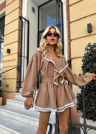Костюм льон жатка / костюм жіночий рожевий з кружевом лляний жатка з кружевом / костюм двійка