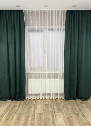 Шторы микровелюр изумрудный с пришитой тесьмой 150*250 см -2 шт.
