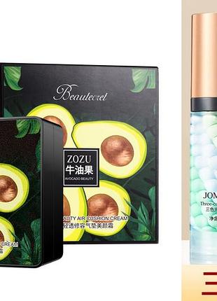 Акція!!! набір зима - літо: два тональні кушони zozu avocado + дві бази під макіяж триколірний 3в1