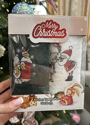 Набір новорічних махрових рушників для кухні 2шт merry christmas ( в асортименті )