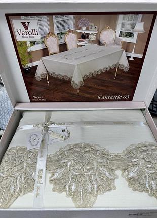 Скатерть льняная с кружевом на прямоугольный стол 160*220 см verolli ( кружево в ассортименте )