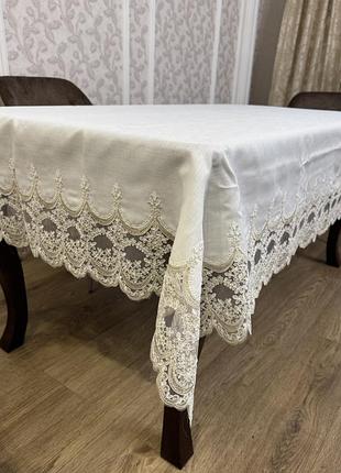 Скатерть льняная с кружевом и блеском на прямоугольный стол 160*220см verolli